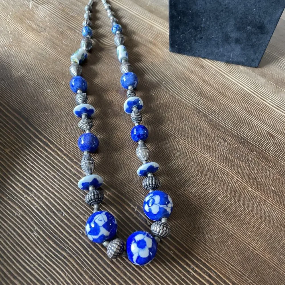 Vintage Hand Painted Chinese Porcelain Bead And Silver Beads Necklace